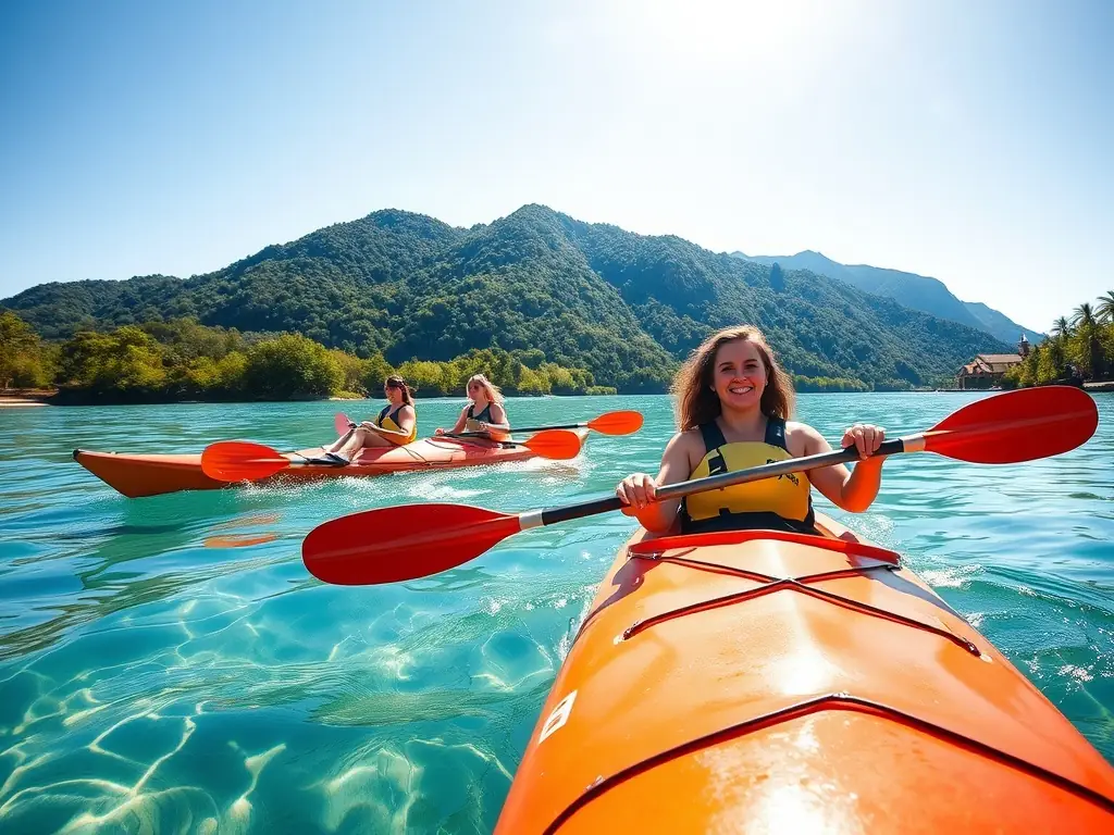 A vibrant image of participants kayaking in a clear, blue river surrounded by lush greenery, representing UCPA SPORT VACANCES' water sports activities.