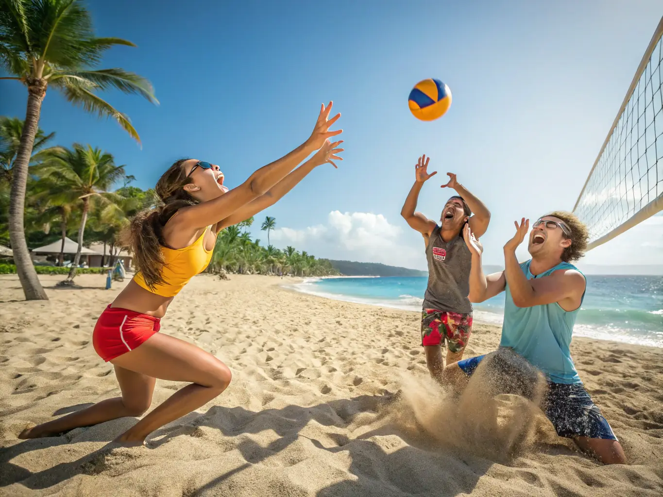 A dynamic shot of a team playing beach volleyball, illustrating UCPA SPORT VACANCES' focus on team sports and collaborative activities.