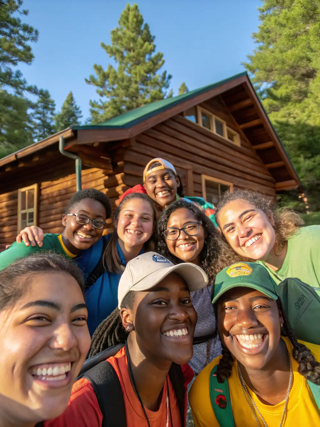 A diverse group of young adults laughing and working together to assemble camping tents in a sunny, open field during a UCPA SPORT VACANCES team-building exercise.