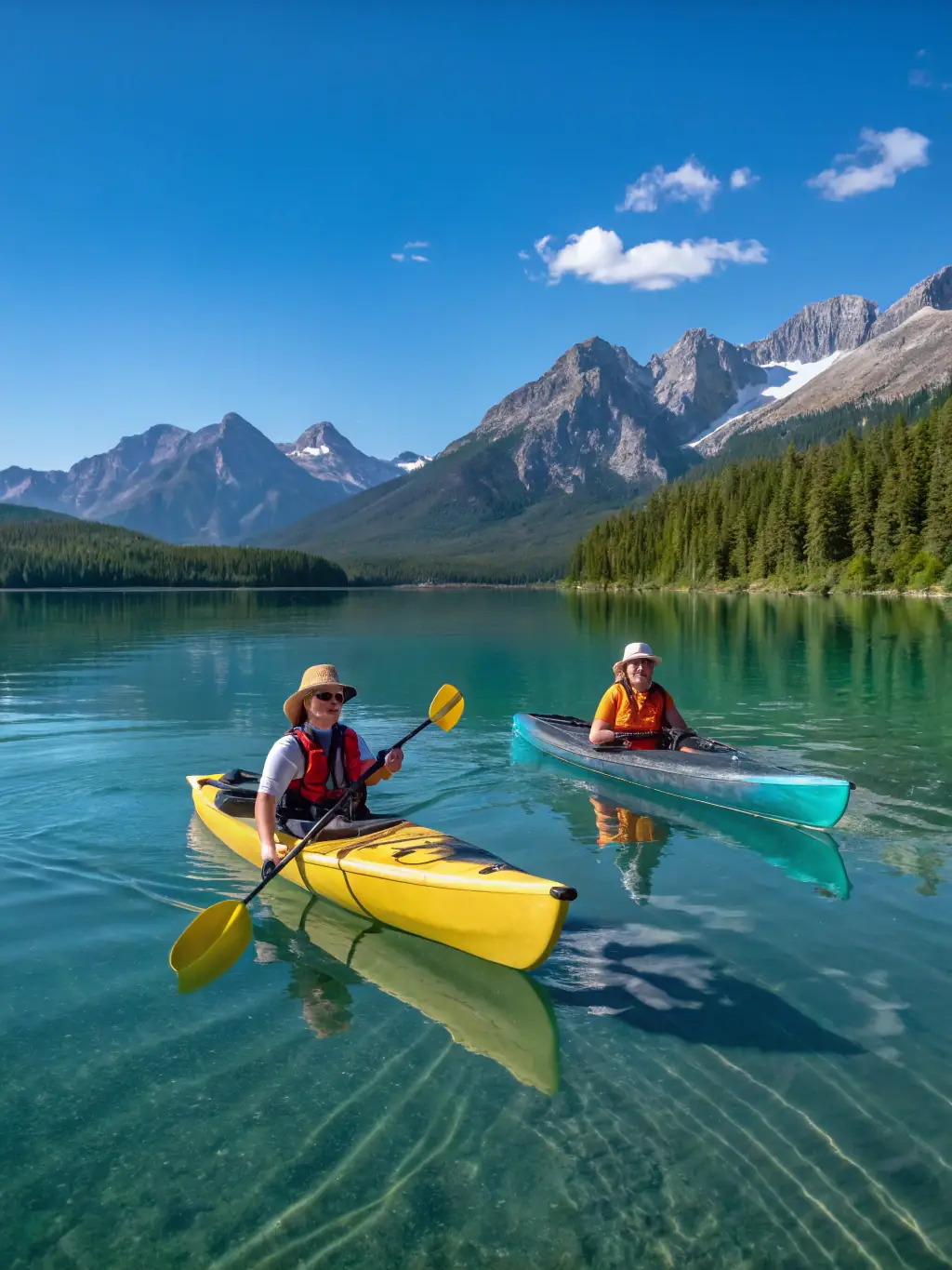 A diverse group of participants kayaking on a calm lake, emphasizing the fun and inclusive nature of water sports, with lush greenery in the background.