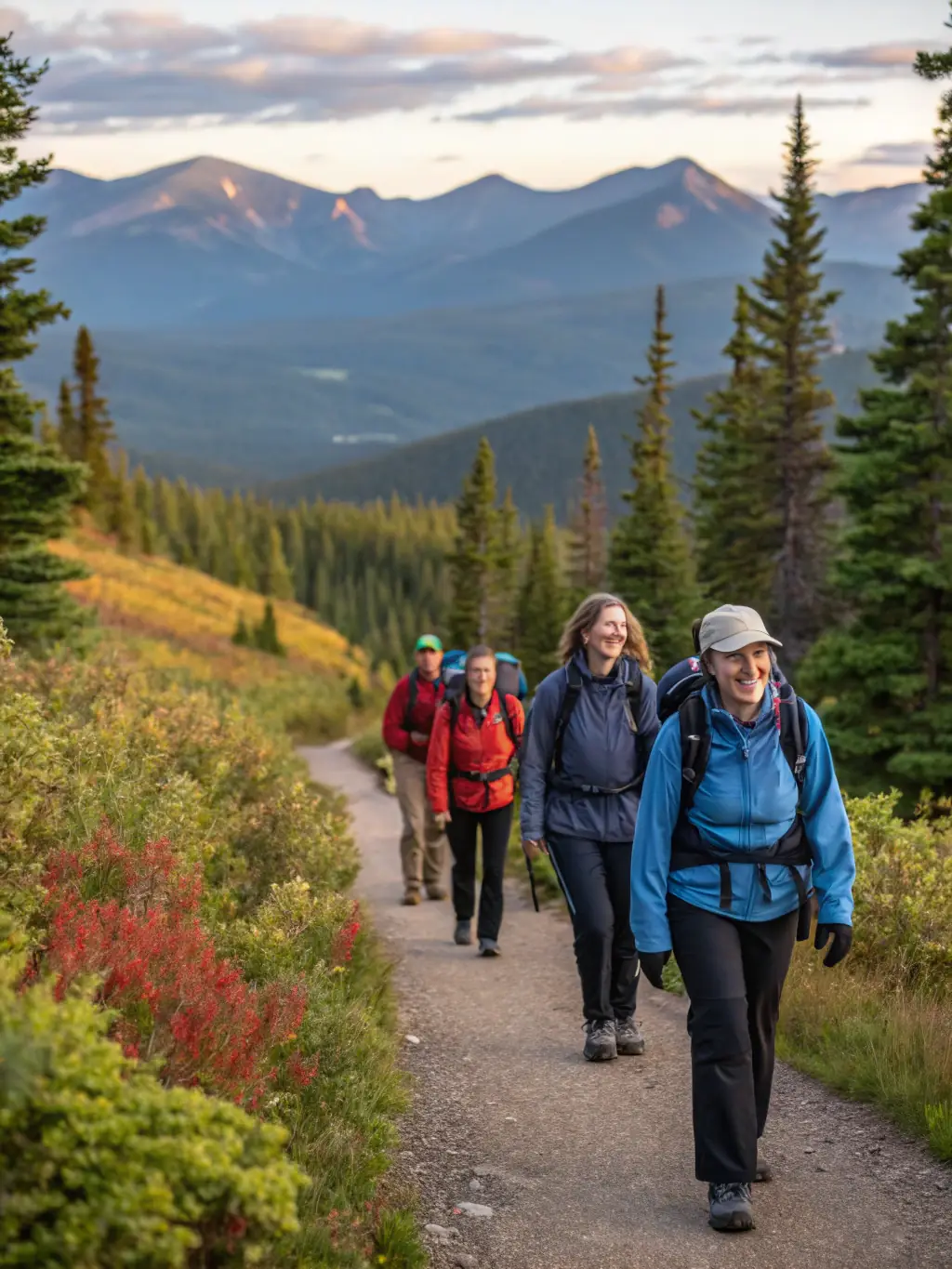 A team of individuals hiking through a mountain trail, highlighting the endurance and camaraderie fostered by the activity, under a clear blue sky.