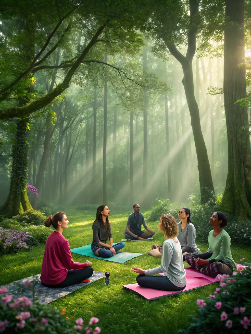 A group of participants meditating outdoors in a serene natural setting, promoting mental and physical well-being during a UCPA SPORT VACANCES retreat.
