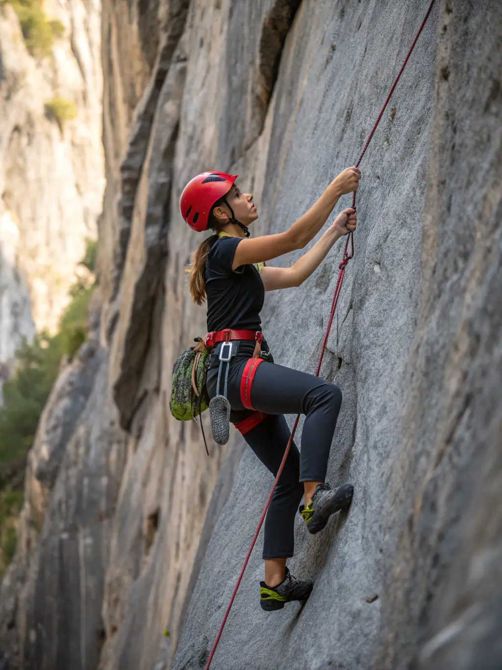A young woman smiling confidently as she reaches the summit of a climbing wall, showcasing personal achievement and skill development at a UCPA SPORT VACANCES event.