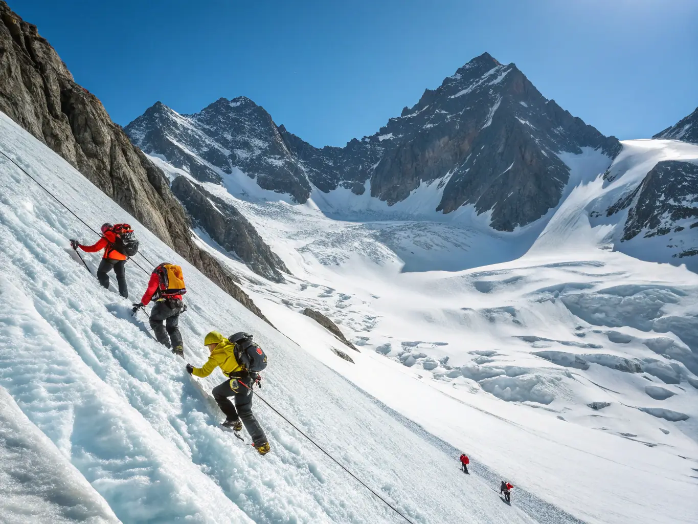 A group of participants engaged in a mountain climbing activity with instructors guiding them, set against a stunning natural landscape, showcasing UCPA SPORT VACANCES' outdoor sports courses.