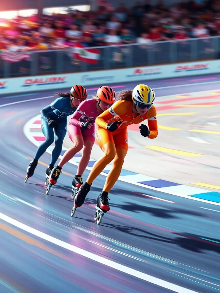 Image of roller skaters racing on a track, highlighting the intensity and excitement of the MRC Mirza Roller Club's racing program.