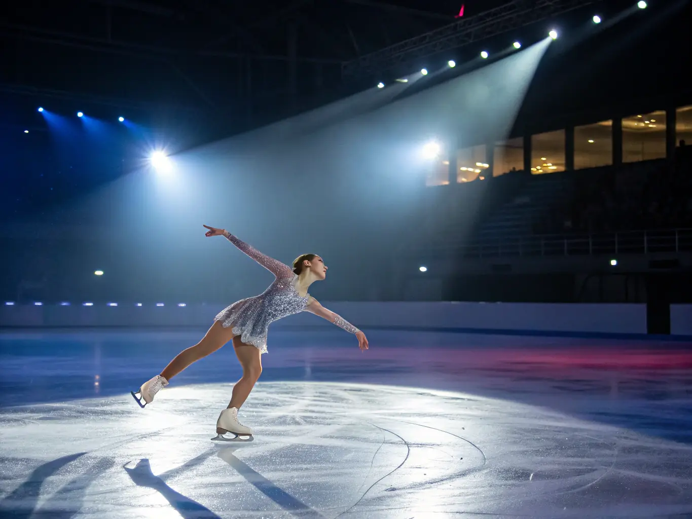 An elegant image of a figure skater performing a routine on roller skates at the MRC, highlighting the grace and artistry of the sport.