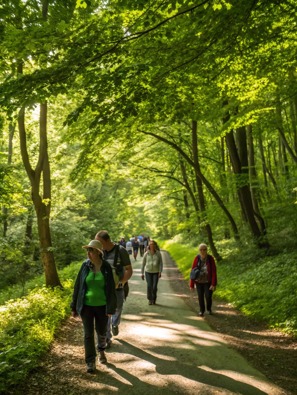 A group of people participating in a community hiking event, exploring a scenic trail, with a guide leading the way, showcasing the outdoor adventure program of COMITE DEPARTEMENTAL E P M M.