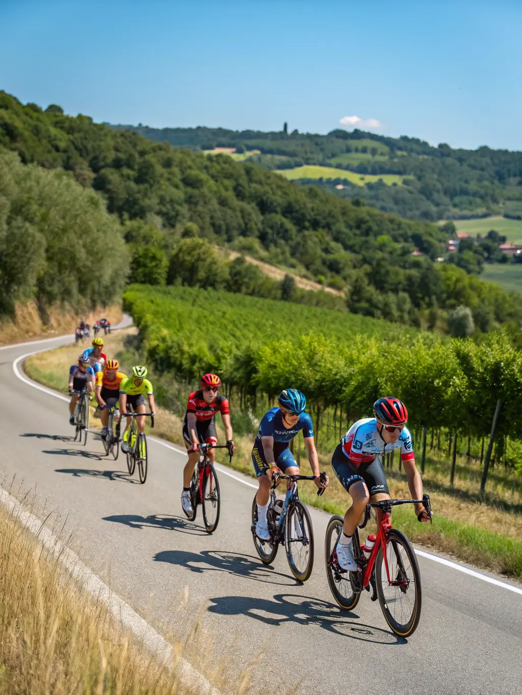 A scenic image of a group cycling through the countryside, emphasizing the beauty and health benefits of the COMITE DEPARTEMENTAL E P M M's cycling program. The cyclists are wearing helmets and bright clothing.