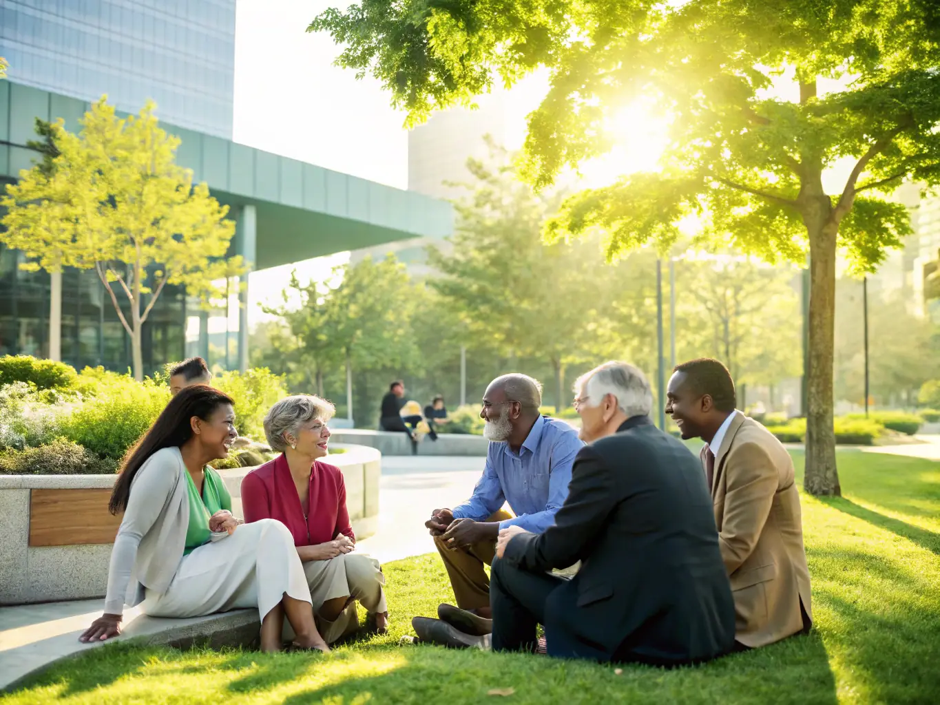 A diverse group of people laughing and interacting during a post-exercise social gathering, emphasizing the social benefits of community sports.