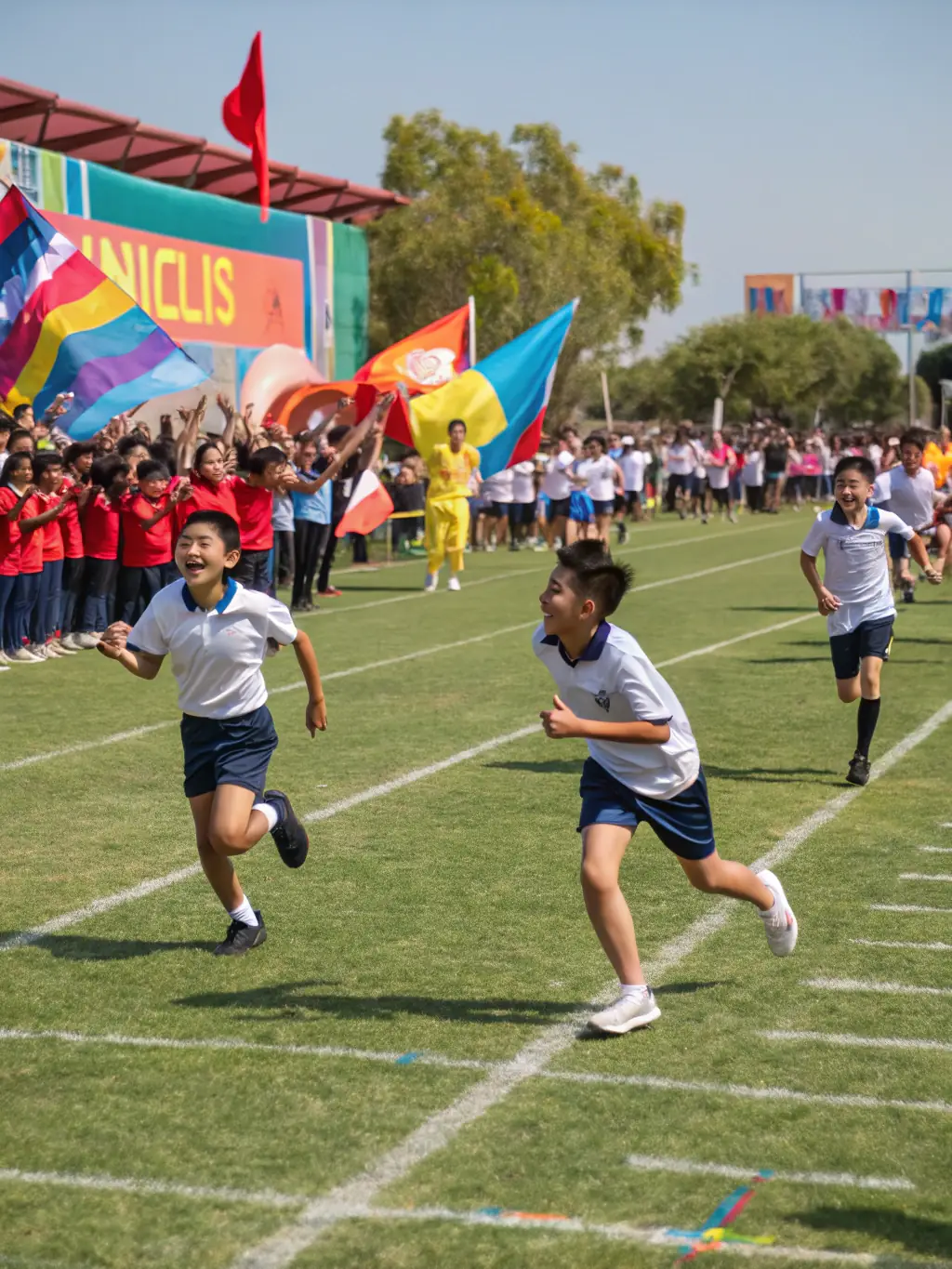 A vibrant image of children participating in a fun-filled sports day organized by EPMM, showcasing teamwork and joyful physical activity.