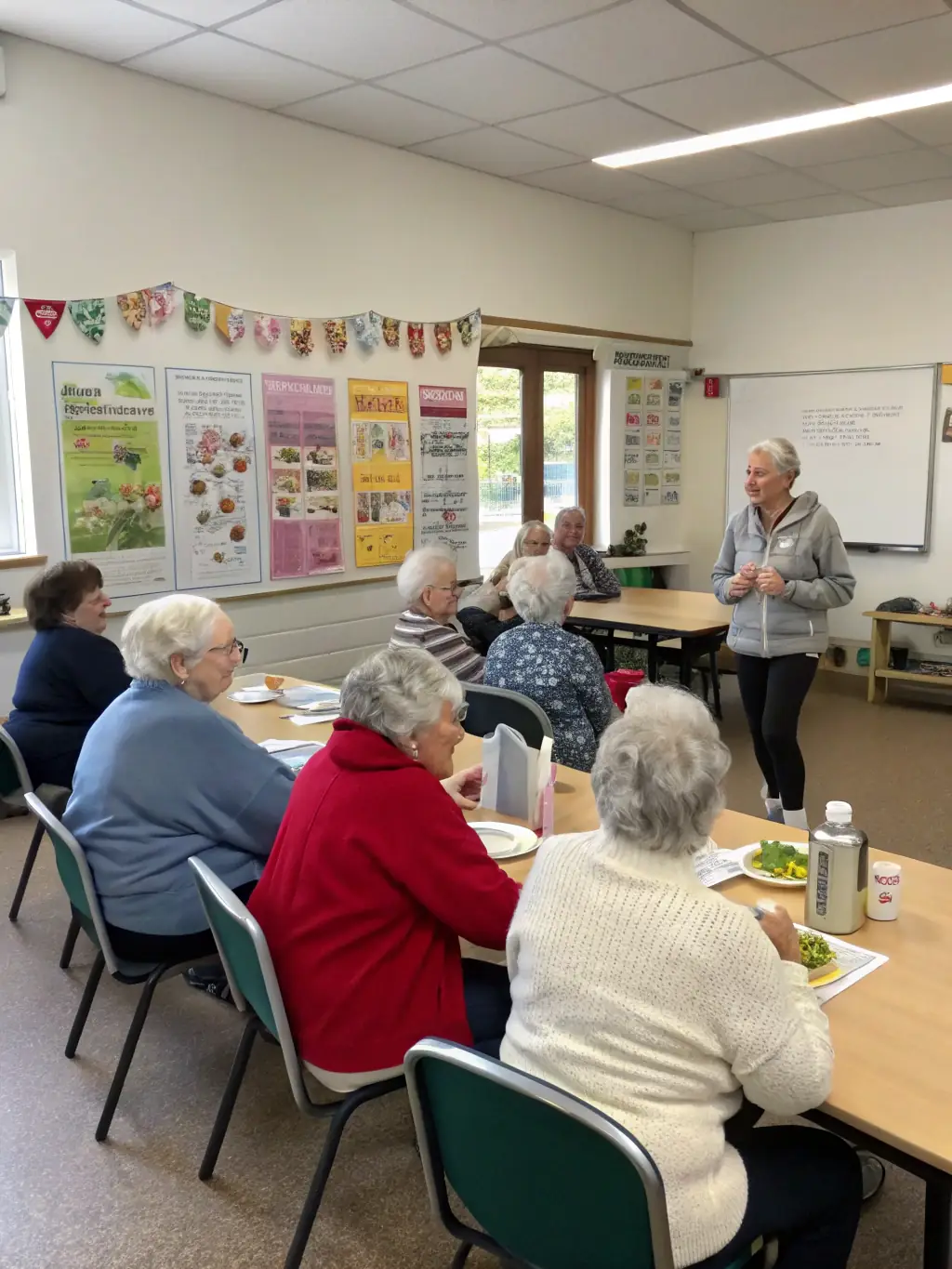 Seniors engaging in a gentle exercise class, led by a trained instructor, focusing on mobility and balance, in a community center, highlighting the senior wellness program of COMITE DEPARTEMENTAL E P M M.